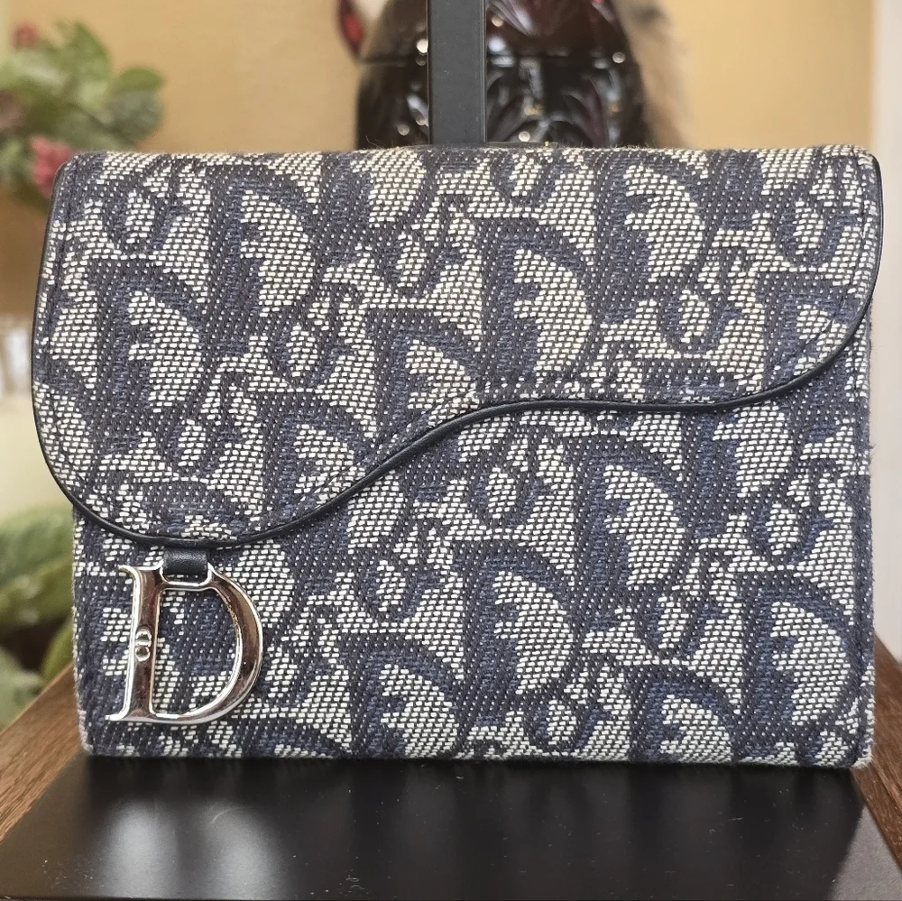 Christian Dior Saddle Lotus Navy Jacquard Canvas Bifold Snap Wallet